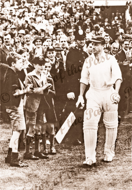 Don Bradman at Leeds, England. 4th Test. He scored 103 runs. July 1938. Cricket