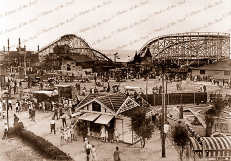 Side-shows and Big Dipper at Glenelg, SA. 1930. South Australia. Roller Coaster