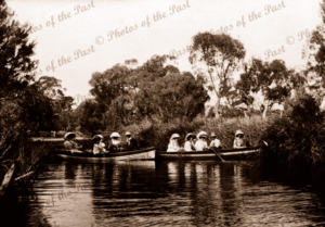 Boat parties on Hindmarsh River. Victor Harbor, SA. c1900. South Australia