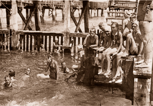 Swimming Baths & Causeway, Victor Harbor, SA. Bathers. South Australia. c1930s