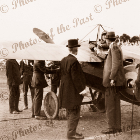 Butler's Bristol M1C on Unley Oval, SA. 'Unley Aviation Day'. Saying goodbye to Unley Mayor Mr Langham. TJ Richards on left. 23 August 1919. Aviator. South Australia