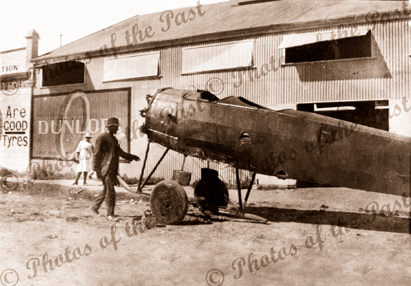 Harry Butler's Avro 504 bi-plane with wings removed at Butler's garage at Minlaton, SA. Aviator, South Australia. C1920
