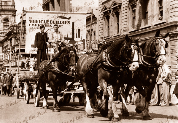 Vehicle Builders' horse drawn float. King William Street, Adelaide, SA. South Australia. 1940s
