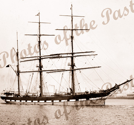 3M Barque LOCH TAY under tow out of Victoria Dock, Melbourne, VIC. Built 1869. Shipping. Victoria.