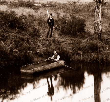 Log rowing boat on Onkaparinga River, Ambleside, SA. South Australia. 1890
