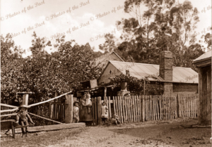 An early cottage at Hahndorf, SA. c1890. small children. South Australia