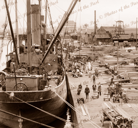 Shipping at Timber Wharf, Port Melbourne with SS IHUMATA. Vic 1910s. victoria