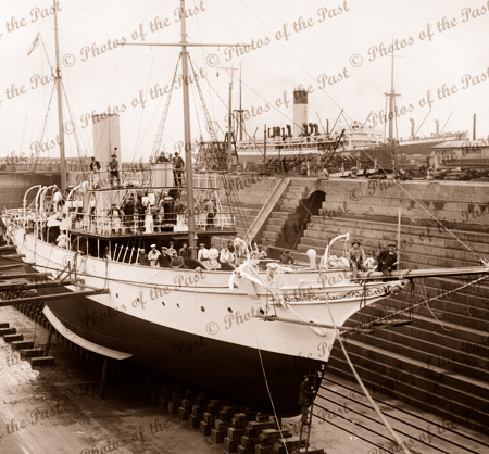 Steam yacht FRANKLIN ex ADELE in Dry Dock, Melbourne. Late 1910s. Shipping
