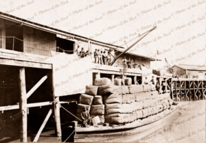 Loaded wool barge HORACE at Echuca Vic.Victoria. 1890s. Murray River