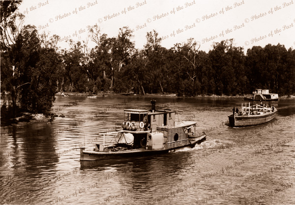PS COLONEL and barge NAOMI laden with wool bales, Echuca Vic. Victoria. Paddle Steamer. Murray River. c1920s