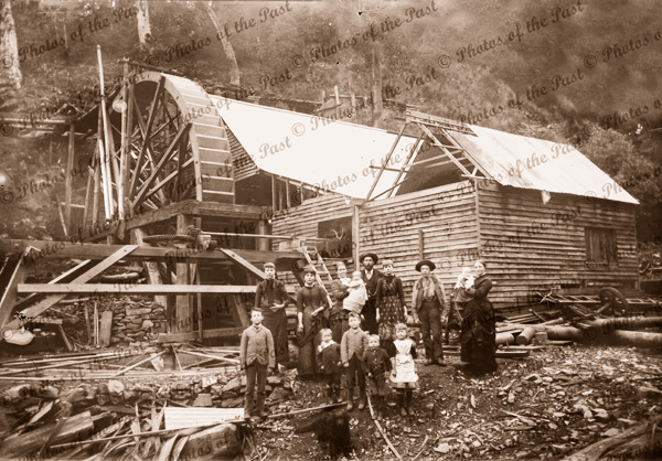 Family groups in front of mining operations. Western Victoria. c1880s Water wheel