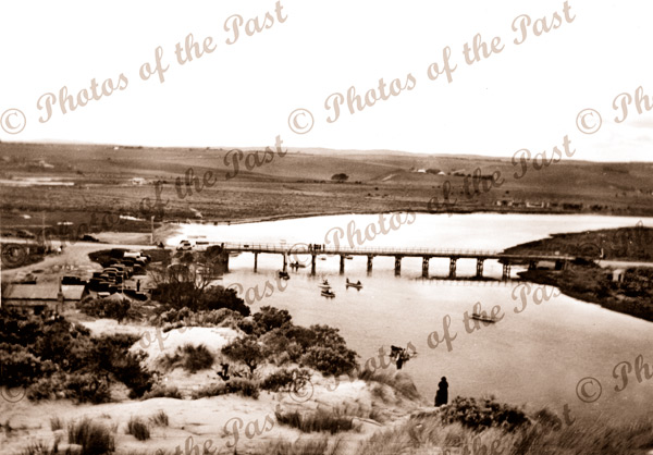 Old wooden road bridge over Onkaparinga River at Pt. Noarlunga SA. c1930s. South Australia