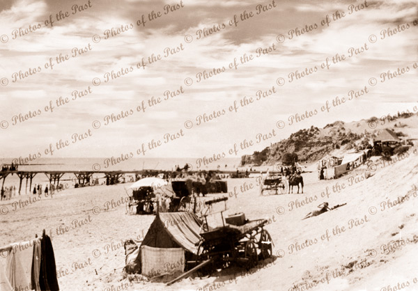 Port Noarlunga Beach & Jetty, SA. South Australia. 1930s. Horse and carts. Dunes