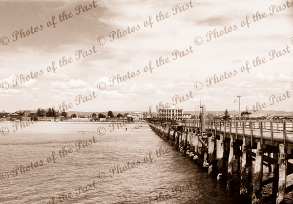 View to shore from Largs Bay jetty, SA. South Australia. Largs Pier Hotel. 1940s