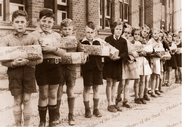 Food parcels from Largs Bay Primary School, SA. Heading to Largs in Scotland. South Australia. Children. 1947