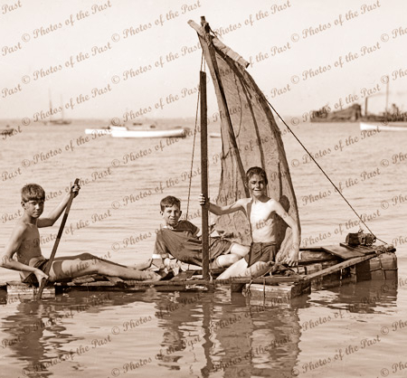 Sailing adventure. Boys on raft. c1930s