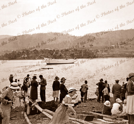 Launching of auxillary ketch MIENA at Port Cygnet, Tasmania. Shipping. 1935