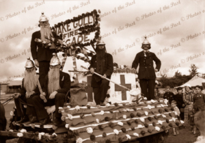 'Snake Gully Fire Brigade' Red Cross float in a parade c1930s