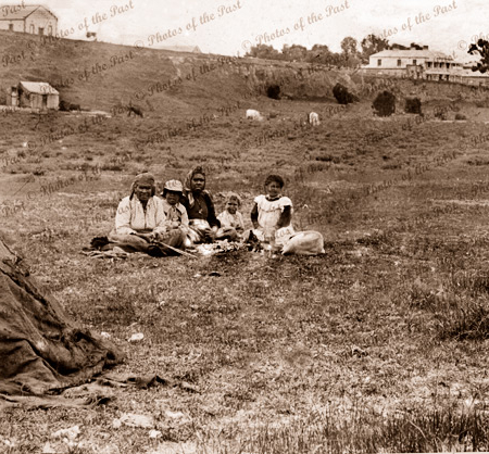 Aboriginal group sitting on grass. Victor Harbor, South Australia, c1890s