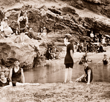 Bathers having fun in a pool. Rockpool. Swimming, beach, c1920