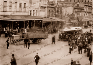 Carlton cable tram, towed by truck, St. Kilda, Victoria, c1910s, Lots people