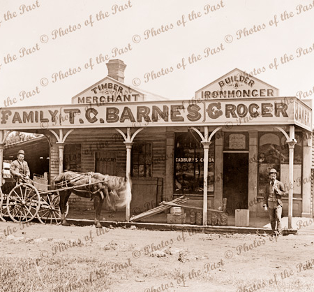 Thomas C. Barnes' General Store & Bakery, Learmouth, Victoria, c1888, horse and cart