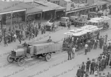 North Carlton cable tram, towed by truck, St. Kilda, Victoria, c1910s, Lots people