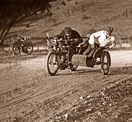Motor bike racing. Unknown location. Motorcycles 1910s. Sidecar