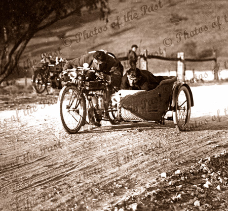 Motor bike racing. Unknown location. Motorcycles 1910s. Sidecar