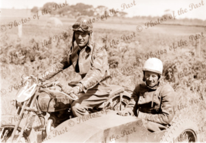 C D Pratt on his Sunbeam bike with Alick Smith in sidecar, Phillip Island. Victoria. 1930s. Motorbike