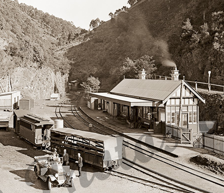 Walhalla Railway Stationtoria, c1930. Train, car. Victoria
