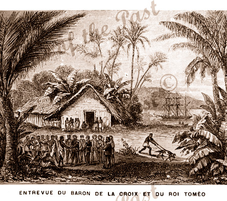 Arrival of Le Baron P. Titeu de la Croix Port Breton, New ireland, Papua New Guinea. Etching. C1880. Emmigration.