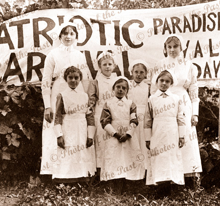 Patriotic Carnival Day, Paradise Oval, SA. Young girls dressed as nurses. South Australia. World War 1