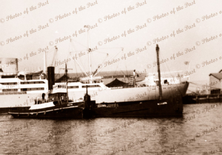 Tug WATO towing hulk SS WOOKATA to Shell Berth. STRATUS beyond. Shipping. South Australia. 1949. Port Adeliade
