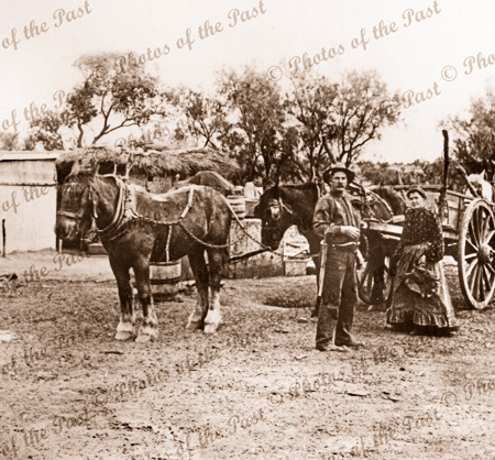 Mrs Doubtfire & husband. Both ran carrier business at Cutana, SA. Late 1800s. Horse and cart. South Australia.