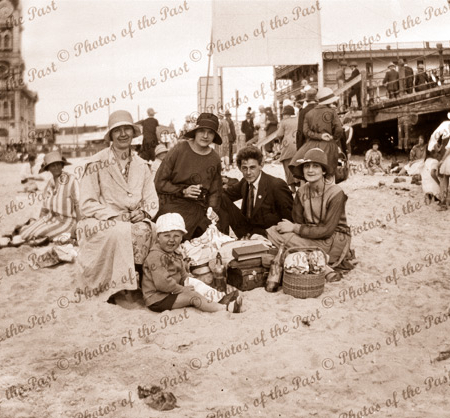 A picnic at the beach, Glenelg, SA. South Australia. 1920s