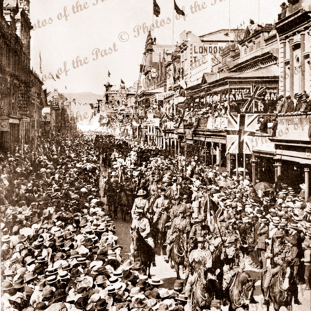 Troops on horseback in Rundle Street, Adelaide. S.A. Worls War 1. Crowds