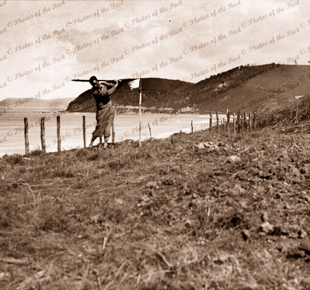 Golf course at Eastern View, Victoria. Player tees off. Looking towards Lorne, Great Ocean Road. c1920s