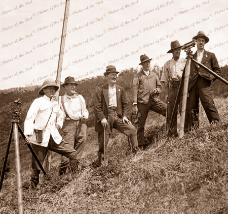 Survey party high on hillside determining route of Great Ocean Road. Vic. c1920s