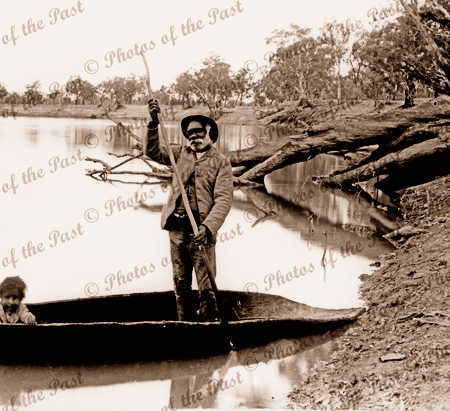 Aboriginies in bark canoe on River Murray. c1900