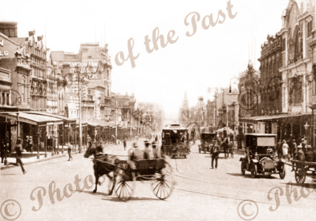 Bourke St. Melbourne Vic. Victoria. 1910. Horse and carriage, trams, cars