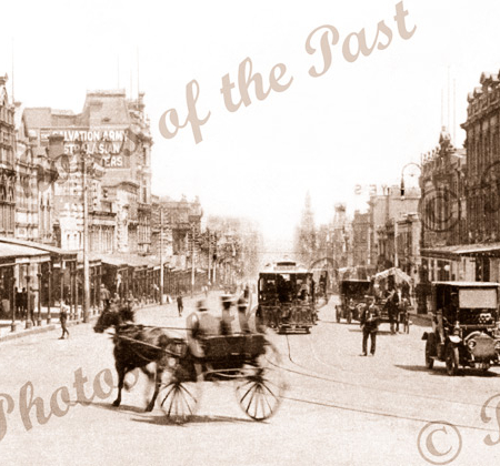 Bourke St. Melbourne Vic. Victoria. 1910. Horse and carriage, trams, cars