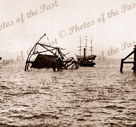Wreck of the Wonga Shoal lighthouse after being stuck by ship DIMSDALE in November 1912. Semaphore S.A.