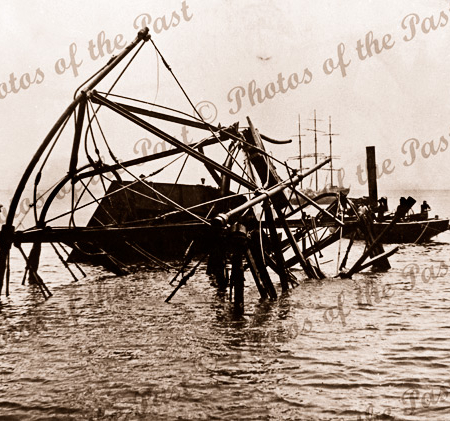 Wreck of the Wonga Shoal lighthouse after being stuck by ship DIMSDALE in November 1912. Semaphore S.A.