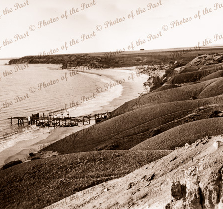Port Willunga, S.A. Looking north across ruined jetty. c1928