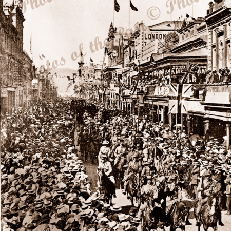Soldiers on horseback, off to the front. Rundle St, Adelaide, S.A. September 1914