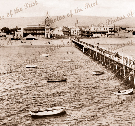 Glenelg jetty view to shore from pavilion. c1890s. Boats.