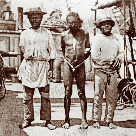 Natives from Tanna onboard Mission brigantine 'Dayspring'. This ship ship under the command of Capt. William A Fraser, departed from Halifax, Canada. Oct. 1863 with five missionaries for the New Hebrides Mission including the Reverand Donald and Mrs. Morrison. c1864. (See also photo 8501).