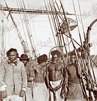 Natives from Mare' (one of the Loyalty Islands) taken onboard Mission brigantine 'Dayspring'. This ship ship under the command of Capt. William A Fraser, departed from Halifax, Canada. Oct. 1863 with five missionaries for the New Hebrides Mission including the Reverand Donald and Mrs. Morrison.(See also photo 8501).c1864