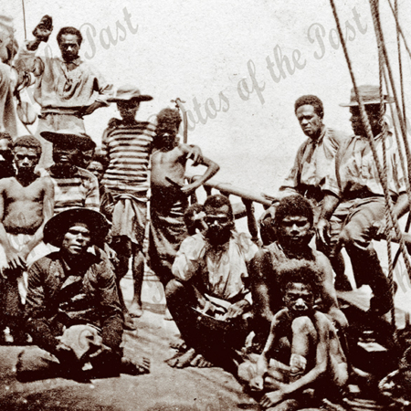 Natives from Ouvea (one of the Loyalty Islands) onboard Mission brigantine 'Dayspring'. This ship ship under the command of Capt. William A Fraser, departed from Halifax, Canada. Oct. 1863 with five missionaries for the New Hebrides Mission including the Reverand Donald and Mrs. Morrison.(See also photo 8501). c1864